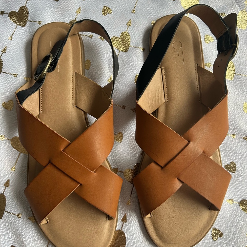 LOFT Tan Sandals Criss-Cross Design Adjustable Ankle Strap